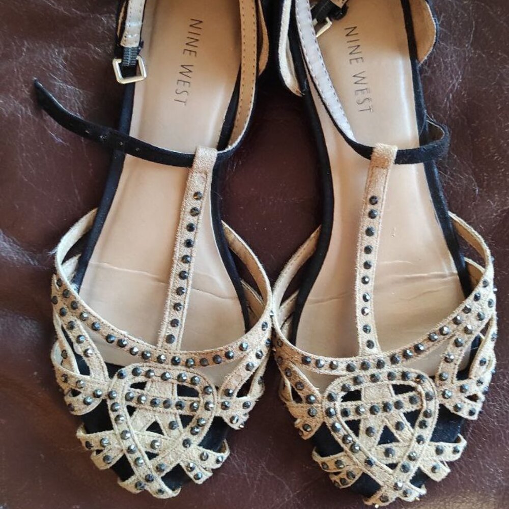 Bejewled flat sandals - black and tan leather - nine west